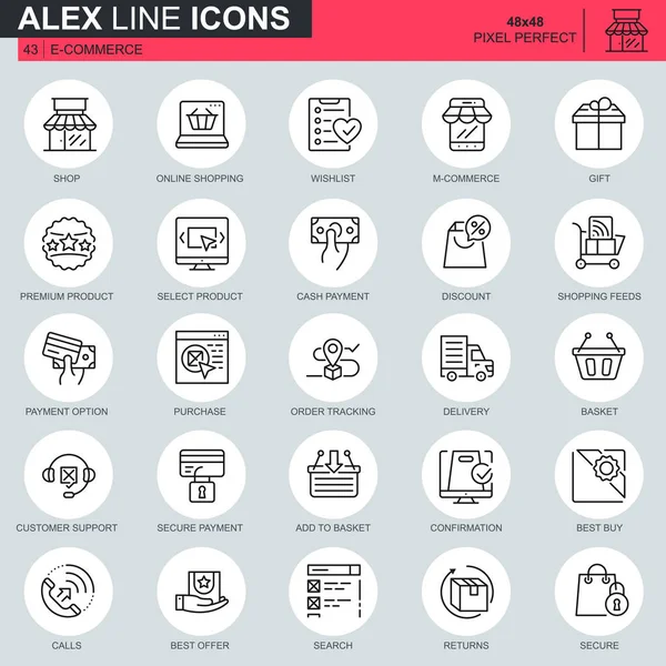 İnce çizgi e-ticaret ve alışveriş web sitesi ve mobil site ve uygulamalar için simgeler. Ödeme, sepet, müşteri, dükkanı olarak böyle simgeleri içerir. 48 x 48 piksel mükemmel. Düzenlenebilir inme. Vektör çizim.