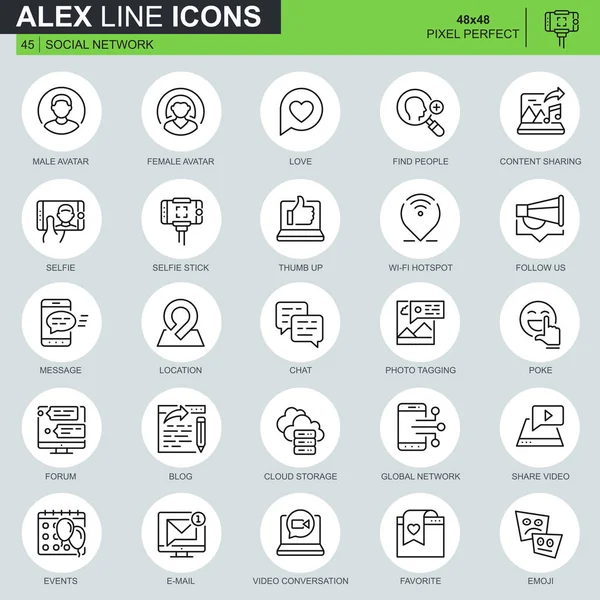 İnce çizgi sosyal medya ve ağ kutsal kişilerin resmi web sitesi ve mobil site ve apps için ayarlayın. Avatar, bloglama, dostluk gibi simgeler içerir. 48 x 48 piksel mükemmel. Düzenlenebilir inme. Vektör çizim.