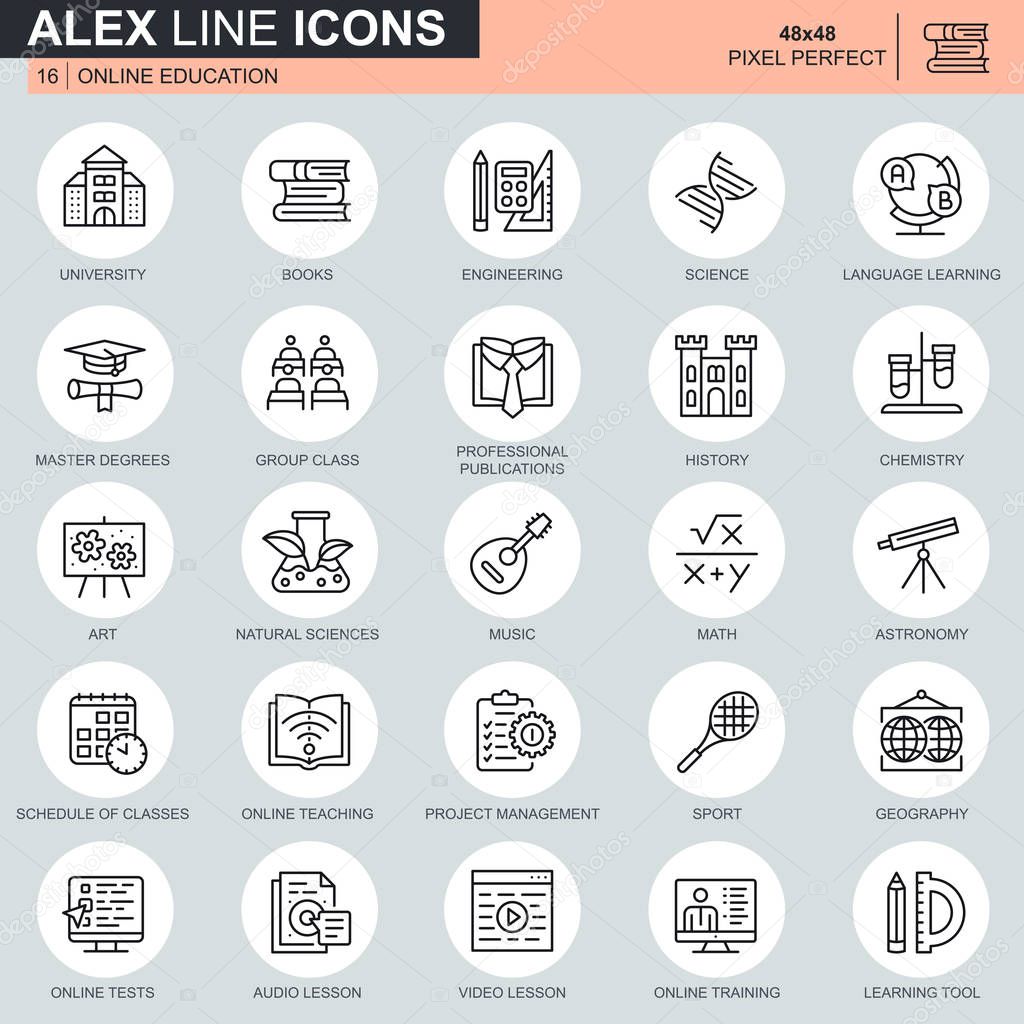 Thin line online education, e-learning, e-book icons set for website and mobile site and apps. Contains such Icons as University, School. 48x48 Pixel Perfect. Editable Stroke. Vector illustration.