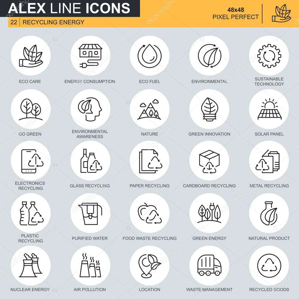 Thin line recycling, environmental protection, eco care icons set for website and mobile site apps. Contains such Icons as Eco, Innovation. 48x48 Pixel Perfect. Editable Stroke. Vector illustration.