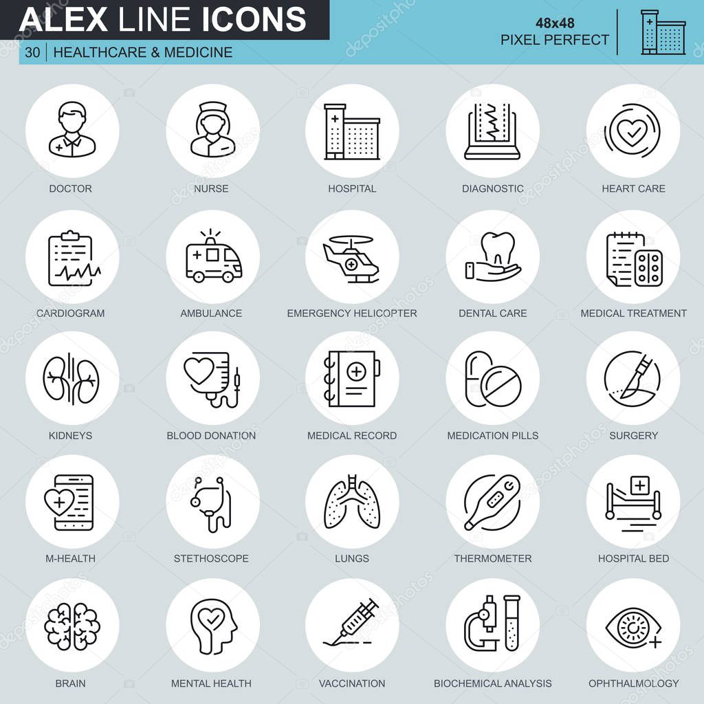 Thin line healthcare and medicine icons set for website and mobile site and apps. Contains such Icons as Doctor, Hospital, Medical Equipment. 48x48 Pixel Perfect. Editable Stroke. Vector illustration.