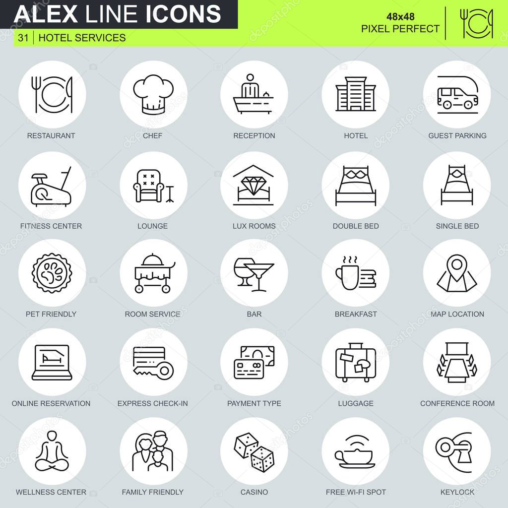 Thin line hotel services icons set for website and mobile site and apps. Contains such Icons as Restaurant, Room Services, Reception. 48x48 Pixel Perfect. Editable Stroke. Vector illustration.