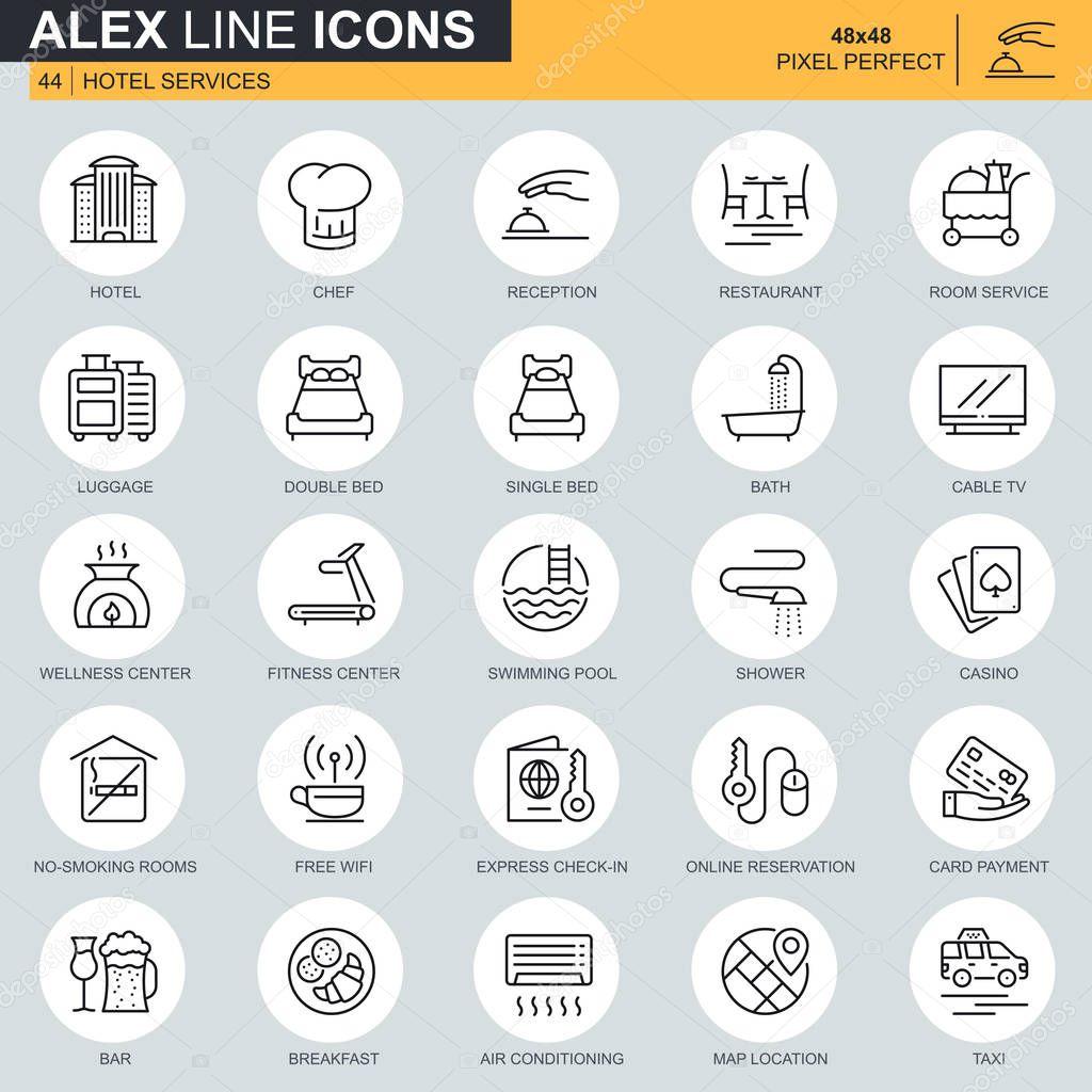 Thin line hotel services icons set for website and mobile site and apps. Contains such Icons as Luggage, Reception, Room Services. 48x48 Pixel Perfect. Editable Stroke. Vector illustration.