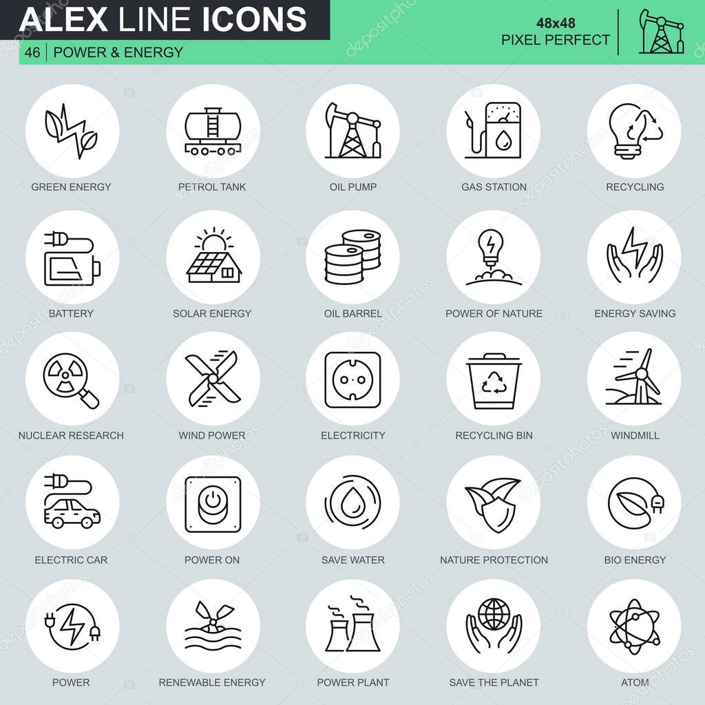 Thin line power industry and energy icons set for website and mobile site and apps. Contains such Icons as Recycling, Petrol Tank, Oil Pump. 48x48 Pixel Perfect. Editable Stroke. Vector illustration.