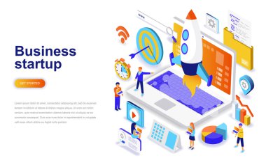 İş başlangıç modern düz tasarım izometrik kavramı. İş ve insan kavramı başlatın. Açılış sayfası şablonu. Web ve grafik tasarım için kavramsal izometrik vektör çizim.