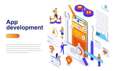 App Geliştirme modern düz tasarım izometrik konsepti. Smartphone ve insanlar kavramı. Açılış sayfası şablonu. Web ve grafik tasarım için kavramsal izometrik vektör çizim.