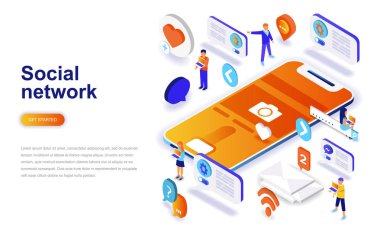 Sosyal ağ modern düz tasarım izometrik konsepti. İletişim ve insan kavramı. Açılış sayfası şablonu. Web ve grafik tasarım için kavramsal izometrik vektör çizim.