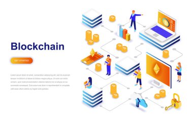 Blockchain modern düz tasarım izometrik konsepti. Cryptocurrency ve insanlar kavramı. Açılış sayfası şablonu. Web ve grafik tasarım için kavramsal izometrik vektör çizim.