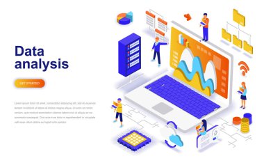 Veri analizi modern düz tasarım izometrik konsept. Analitik ve insan kavramı. İniş sayfası şablonu. Web ve grafik tasarımı için kavramsal izometrik vektör çizimi.