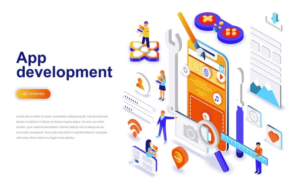 App Entwicklung Modernes Flaches Design Isometrisches Konzept Smartphone Und People — Stockvektor