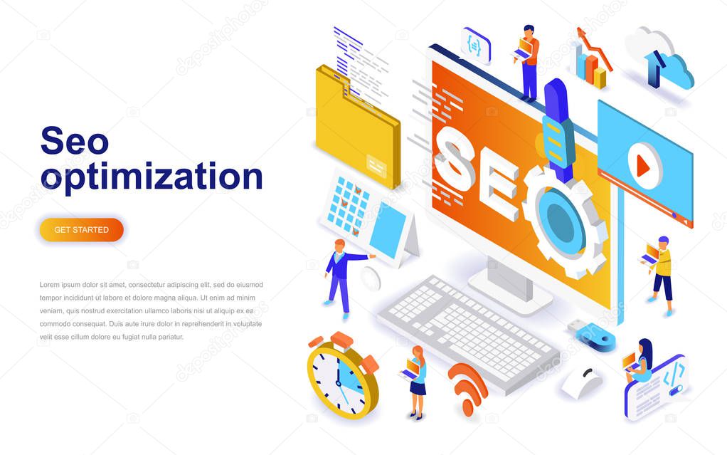 Seo optimization modern flat design isometric concept. Search engine and people concept. Landing page template. Conceptual isometric vector illustration for web and graphic design.