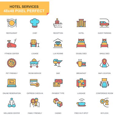 Düz çizgi otel hizmetleri kutsal kişilerin resmi web sitesi ve mobil site ve uygulamalar için ayarlayın. Restaurant, Oda Servisi, Resepsiyon olarak böyle simgeleri içerir. 48 x 48 piksel mükemmel. Piktogram paketi. Vektör çizim.