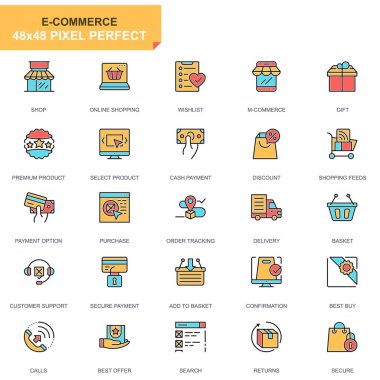 E-ticaret düz çizgi ve simgeler alışveriş web sitesi ve mobil site ve uygulamalar için ayarlayın. Ödeme, sepet, müşteri, dükkanı olarak böyle simgeleri içerir. 48 x 48 piksel mükemmel. Piktogram paketi. Vektör çizim.