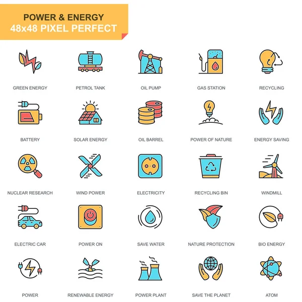 Плоская Линия Электроэнергетики Энергетические Иконки Веб Сайта Мобильных Сайтов Приложений — стоковый вектор