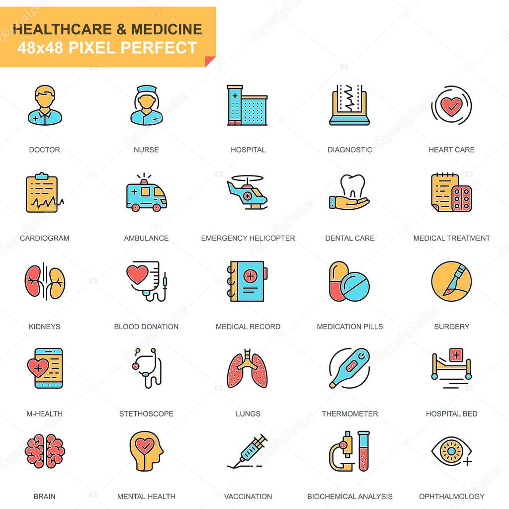 Flat line healthcare and medicine icons set for website and mobile site and apps. Contains such Icons as Doctor, Hospital, Medical Equipment. 48x48 Pixel Perfect. Pictogram pack. Vector illustration.