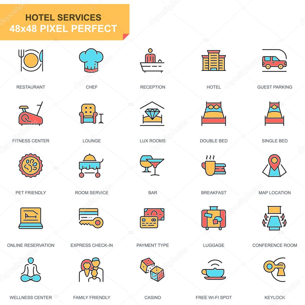 Flat line hotel services icons set for website and mobile site and apps. Contains such Icons as Restaurant, Room Services, Reception. 48x48 Pixel Perfect. Pictogram pack. Vector illustration.