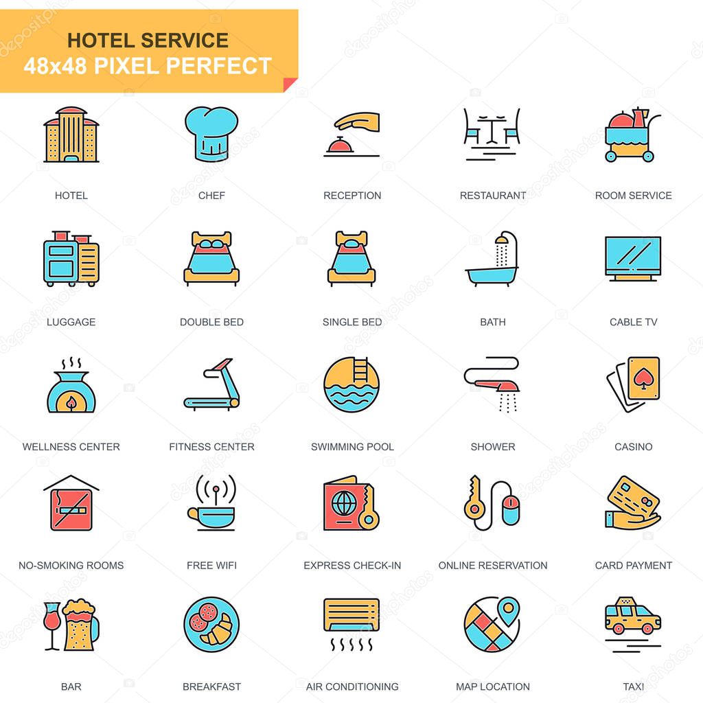 Flat line hotel services icons set for website and mobile site and apps. Contains such Icons as Luggage, Reception, Services, Fitness Center. 48x48 Pixel Perfect. Pictogram pack. Vector illustration.