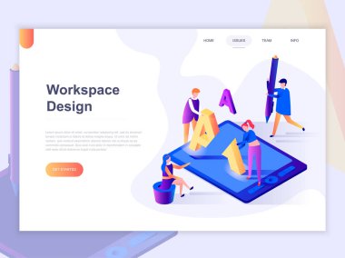 Açılış sayfası şablonu açık çalışma alanı ve coworking. Web sitesi ve mobil web sitesi için web sayfası tasarımı 3D izometrik kavramı. Vektör çizim.