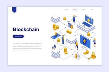 Blockchain modern düz tasarım izometrik konsepti. Cryptocurrency ve insanlar kavramı. Açılış sayfası şablonu. Web ve grafik tasarım için kavramsal izometrik vektör çizim.