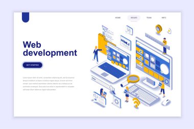 Web geliştirme modern düz tasarım izometrik konsepti. Geliştirici ve insanlar kavramı. Açılış sayfası şablonu. Web ve grafik tasarım için kavramsal izometrik vektör çizim.