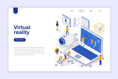 Sanal gerçeklik gözlük modern düz tasarım izometrik konsepti. Eğlenceli ve insanlar kavramı. Açılış sayfası şablonu. Web ve grafik tasarım için kavramsal izometrik vektör çizim.