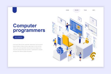 Bilgisayar programcıları modern düz tasarım izometrik kavramı. Yazılım geliştirme ve insan kavramı. Açılış sayfası şablonu. Web ve grafik tasarım için kavramsal izometrik vektör çizim.