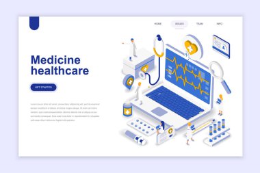 Tıp ve sağlık modern düz tasarım izometrik kavramı. Eczane ve insanlar kavramı. Açılış sayfası şablonu. Web ve grafik tasarım için kavramsal izometrik vektör çizim.