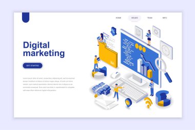 Dijital Pazarlama modern düz tasarım izometrik konsepti. Reklam ve insanlar kavramı. Açılış sayfası şablonu. Web ve grafik tasarım için kavramsal izometrik vektör çizim.