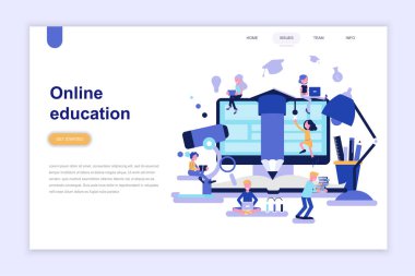 Online eğitim modern düz tasarım konsepti şablon sayfa açılış. Öğrenme ve insanlar kavramı. Web sayfası, Web sitesi ve mobil web sitesi için kavramsal düz vektör çizim.