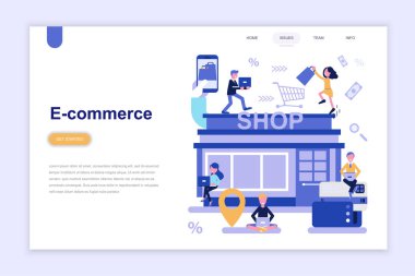 Açılış sayfası şablonu e-ticaret ve modern düz tasarım konsepti alışveriş. Öğrenme ve insanlar kavramı. Web sayfası, Web sitesi ve mobil web sitesi için kavramsal düz vektör çizim.