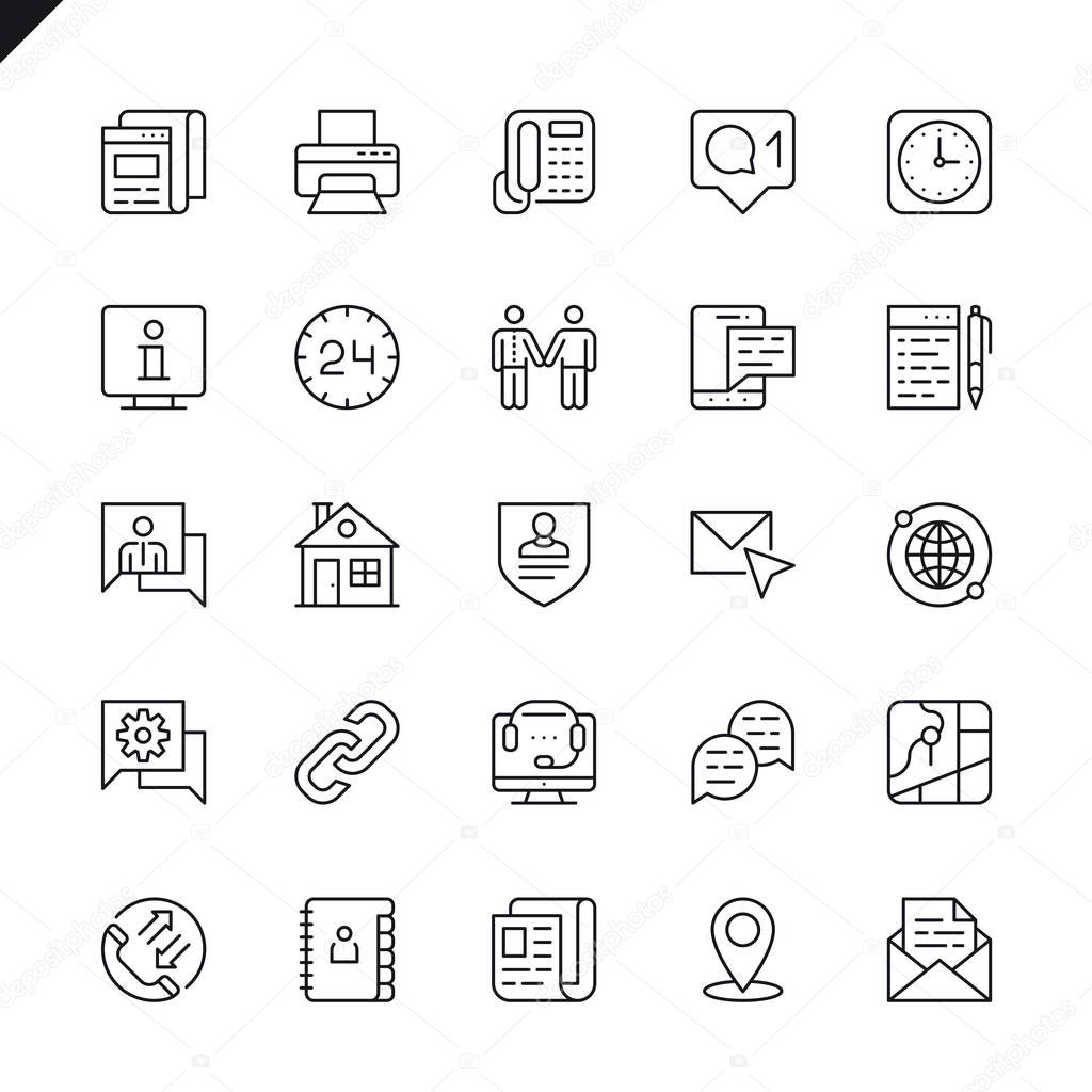 Thin line contact us icons set for website and mobile site and apps. Outline icons design. 48x48 Pixel Perfect. Linear pictogram pack. Vector illustration.