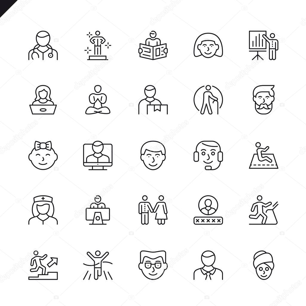 Thin line people icons set for website and mobile site and apps. Outline icons design. 48x48 Pixel Perfect. Linear pictogram pack. Vector illustration.
