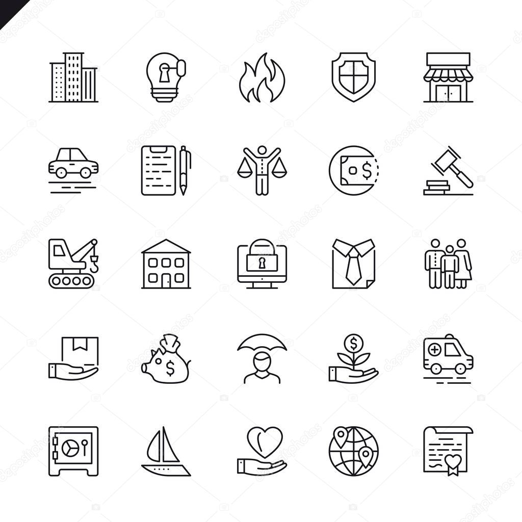 Thin line insurance icons set for website and mobile site and apps. Outline icons design. 48x48 Pixel Perfect. Linear pictogram pack. Vector illustration.