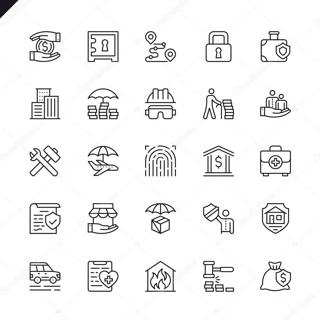 Thin line insurance elements icons set for website and mobile site and apps. Outline icons design. 48x48 Pixel Perfect. Linear pictogram pack. Vector illustration.