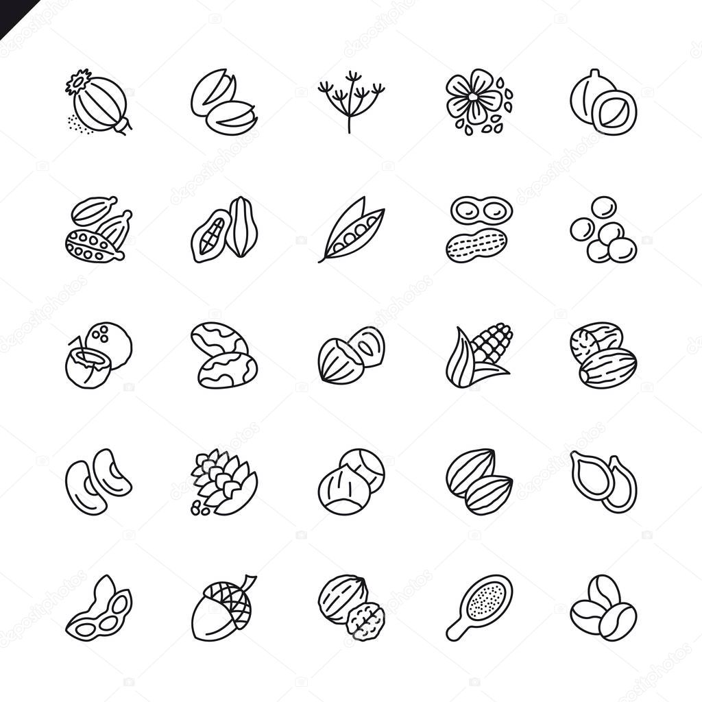 Thin line nuts, seeds and beans elements icons set for website and mobile site and apps. Outline icons design. 48x48 Pixel Perfect. Linear pictogram pack. Vector illustration.