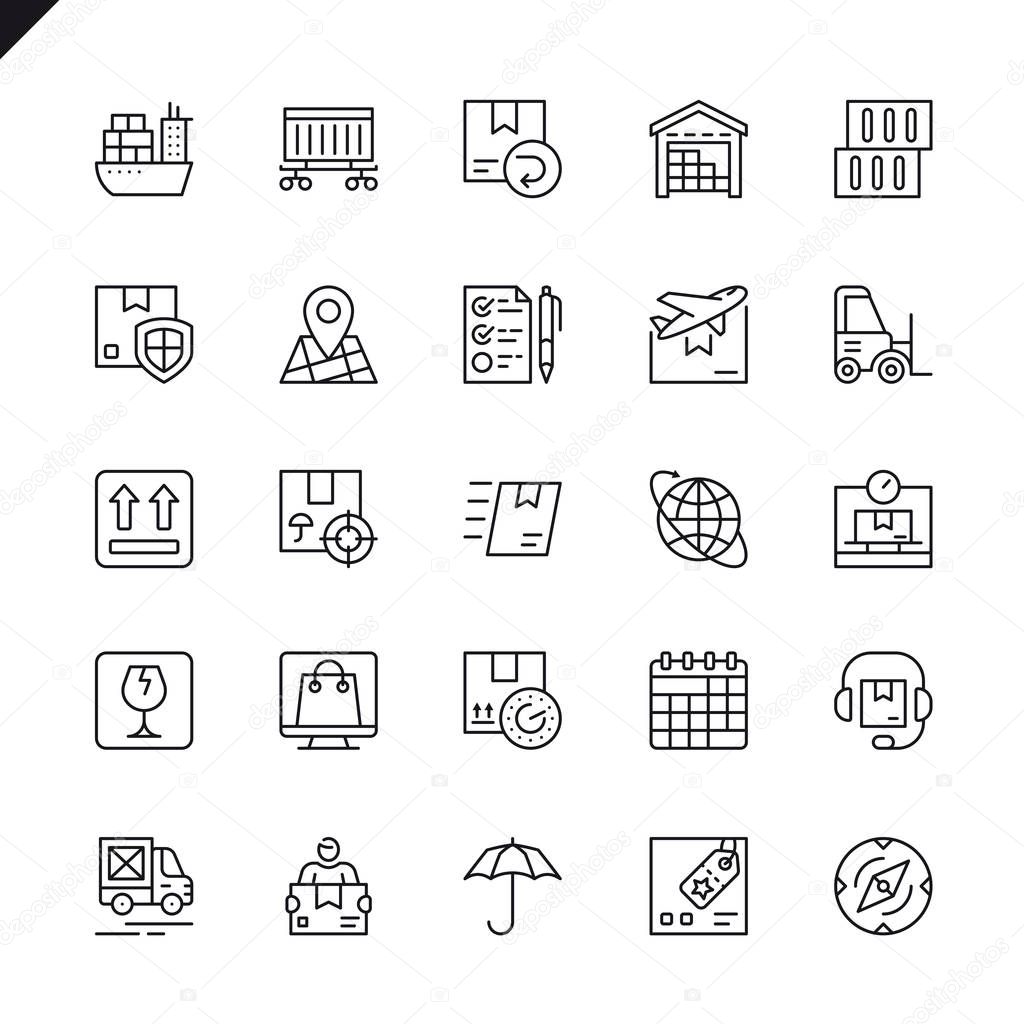Thin line logistics, delivery, transportation icons set for website and mobile site and apps. Outline icons design. 48x48 Pixel Perfect. Linear pictogram pack. Vector illustration.