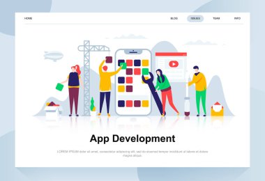 App Geliştirme modern düz tasarım konsepti. Smartphone ve insanlar kavramı. Açılış sayfası şablonu. Web sayfası, Web sitesi ve mobil web sitesi için kavramsal düz vektör çizim.