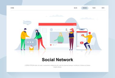 Sosyal ağ modern düz tasarım konsepti. İletişim ve insan kavramı. Açılış sayfası şablonu. Web sayfası, Web sitesi ve mobil web sitesi için kavramsal düz vektör çizim.
