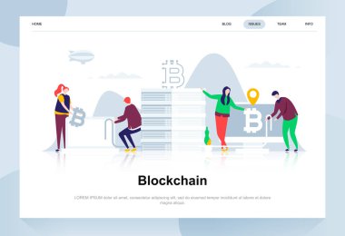 Blockchain modern düz tasarım konsepti. Cryptocurrency ve insanlar kavramı. Açılış sayfası şablonu. Web sayfası, Web sitesi ve mobil web sitesi için kavramsal düz vektör çizim.