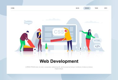 Web geliştirme modern düz tasarım konsepti. Geliştirici ve insanlar kavramı. Açılış sayfası şablonu. Web sayfası, Web sitesi ve mobil web sitesi için kavramsal düz vektör çizim.