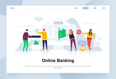Online bankacılık modern düz tasarım konsepti. Elektronik banka ve insanlar kavramı. Açılış sayfası şablonu. Web sayfası, Web sitesi ve mobil web sitesi için kavramsal düz vektör çizim.