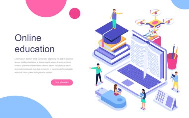 Modern düz tasarım izometrik kavramı Online eğitim afiş ve Web sitesi için. Açılış sayfası şablonu. Mezuniyet, e-öğrenme araştırma, üniversite araştırma, okul kavramı başa. Vektör çizim.