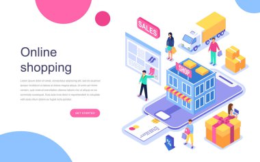 Modern düz izometrik Tasarım Online alışveriş için afiş ve Web sitesi. Açılış sayfası şablonu. Ticari kullanıma alma ödeme, e-ticaret perakende müşteri apps için aygıtta. Vektör çizim.