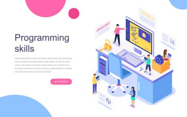 Modern düz izometrik tasarım programlama becerileri için afiş ve Web sitesi. Açılış sayfası şablonu. Proje ekibi Web sitesi kodlamak için mühendisler geliştiricisi. Vektör çizim.