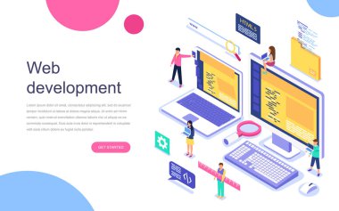 Modern düz izometrik tasarım Web geliştirme web sitesi ve afiş için. Açılış sayfası şablonu. Ekip çalışması projesi, web ajansı ve yeni şirket proje. Vektör çizim.