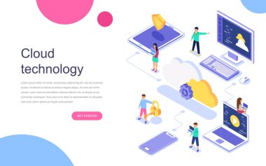 Pankart ve web sitesi için modern düz tasarım izometrik Cloud Technology konsepti. İniş sayfası şablonu. Veri merkezi, dijital ağdaki bilgileri paylaşmak için yazılım çözümleri. Vektör illüstrasyonu.
