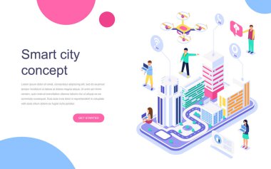 Modern düz tasarım izometrik kavramı akıllı şehir afiş ve Web sitesi için. Açılış sayfası şablonu. İş Merkezi gökdelenler ile şehrin sokaklarında yollar bağlı. Vektör çizim.