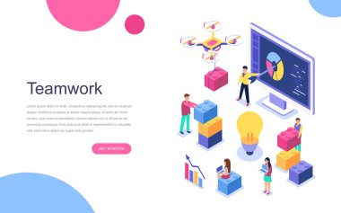 Modern düz tasarım izometrik kavramı ekip çalışması için afiş ve Web sitesi. Açılış sayfası şablonu. İş, iş akışı yönetimi ve office durumlar. Vektör çizim.