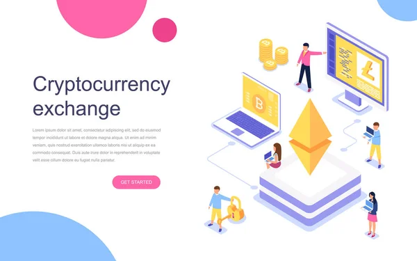 Moderno Concepto Isométrico Diseño Plano Cryptocurrency Exchange Para Banner Sitio — Vector de stock