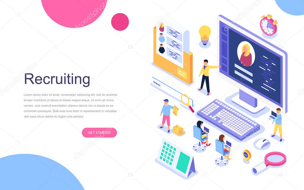 Modern flat design isometric concept of Recruiting for banner and website. Landing page template. Employer, businessman resources, hr job presentation for occupation choose. Vector illustration.